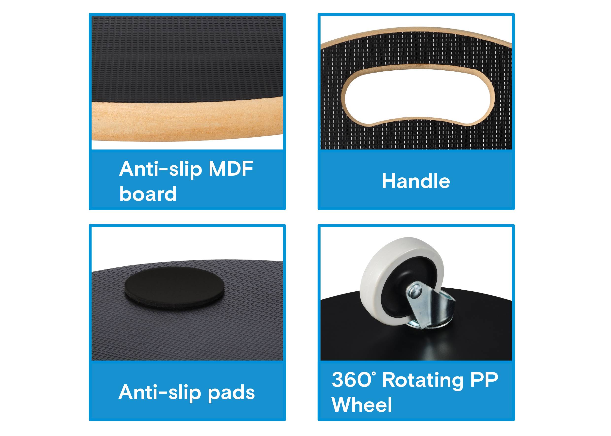 Vier Bilder zeigen: rutschfeste MDF-Platten, einen Griff, rutschfeste Pads und ein 360° drehbares PP-Rad.