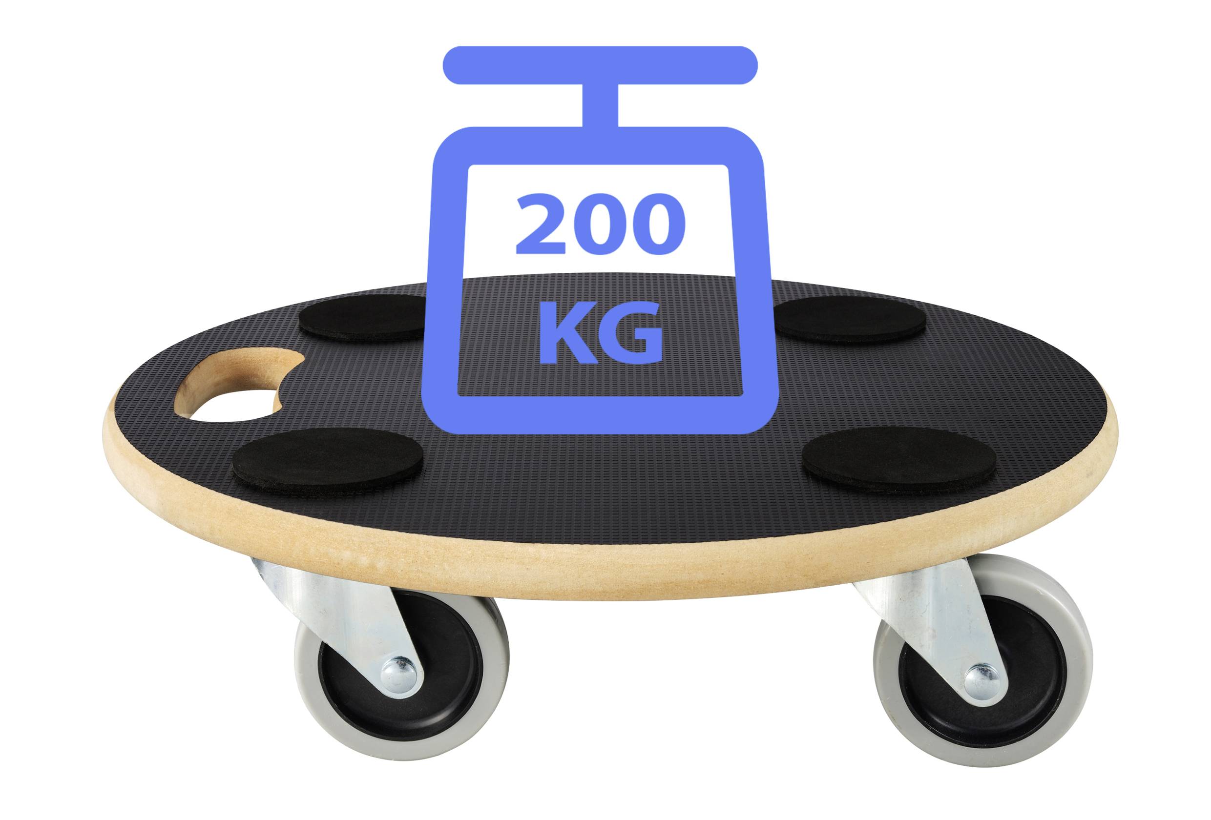 Runde Transporthilfe mit vier Rollen, belastbar bis 200 kg. Geeignet für das einfache Bewegen schwerer Gegenstände.