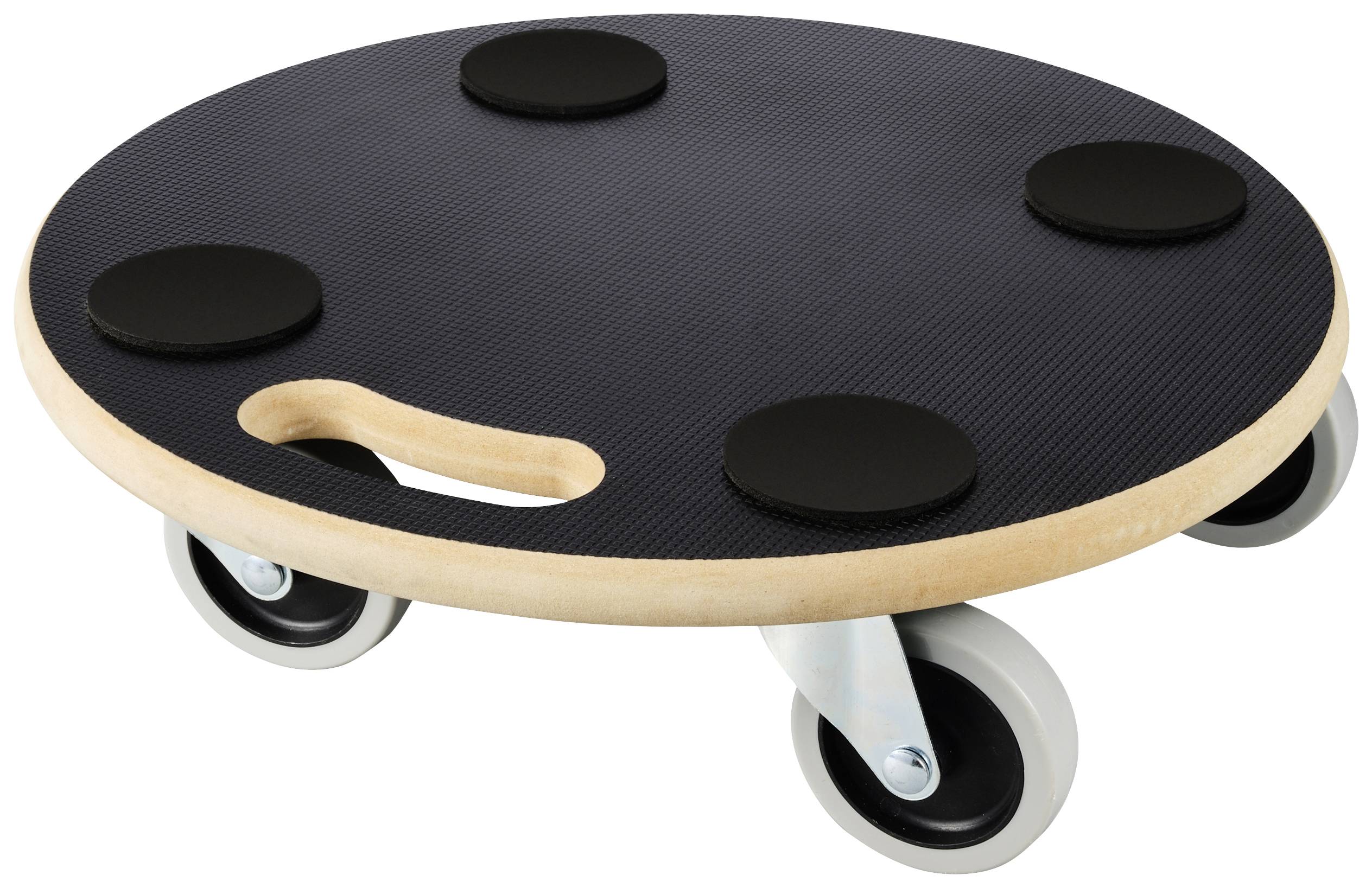 Ein runder Transportroller aus Holz mit schwarzer Oberfläche und vier schwarzen Gummipads auf Rollen. Ideal für den Möbeltransport.