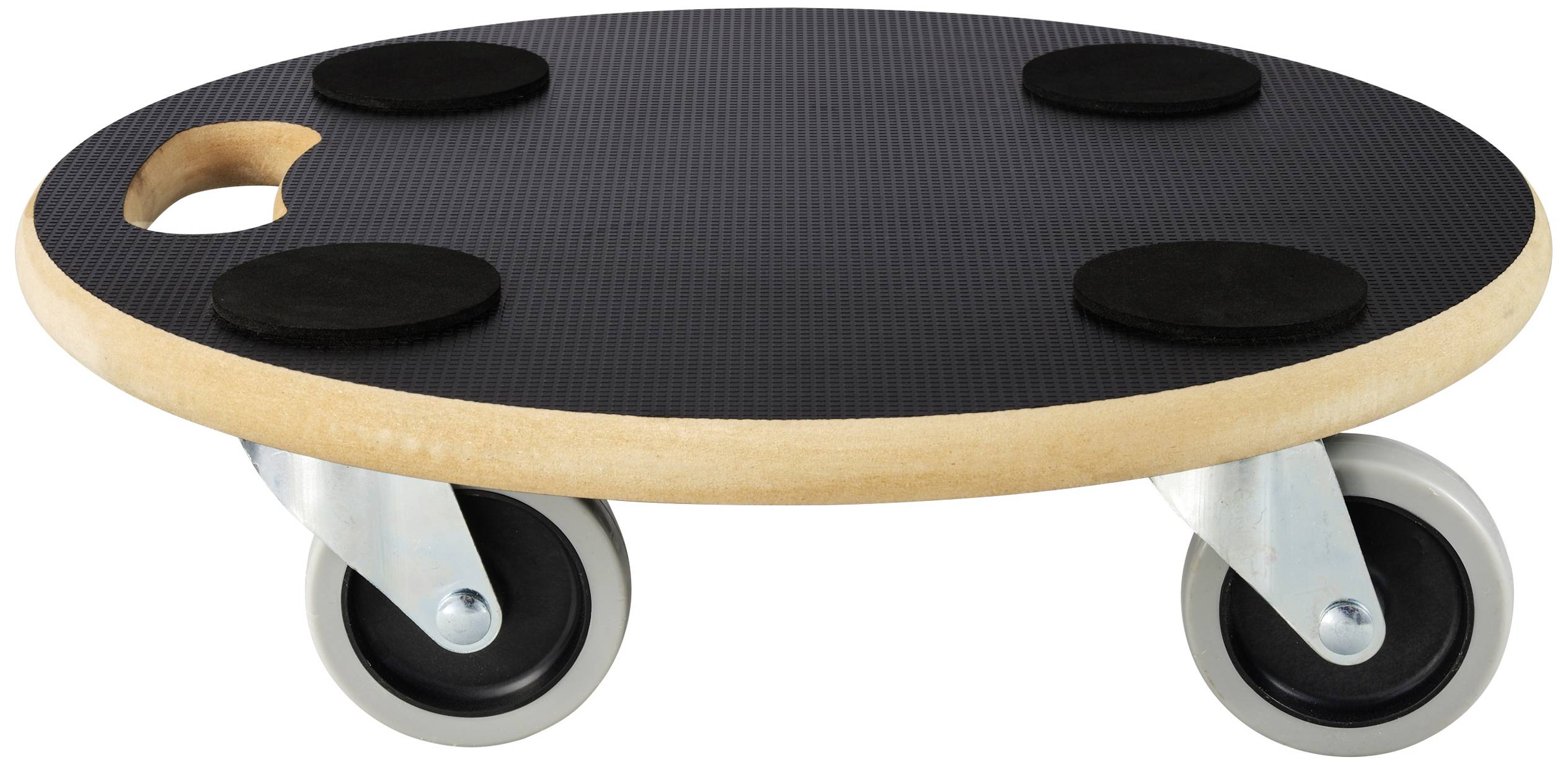 Rundes Rollbrett aus Holz mit schwarzer, rutschfester Oberfläche und vier Metallrädern. Griffloch an einer Seite. Geeignet für Transportzwecke.