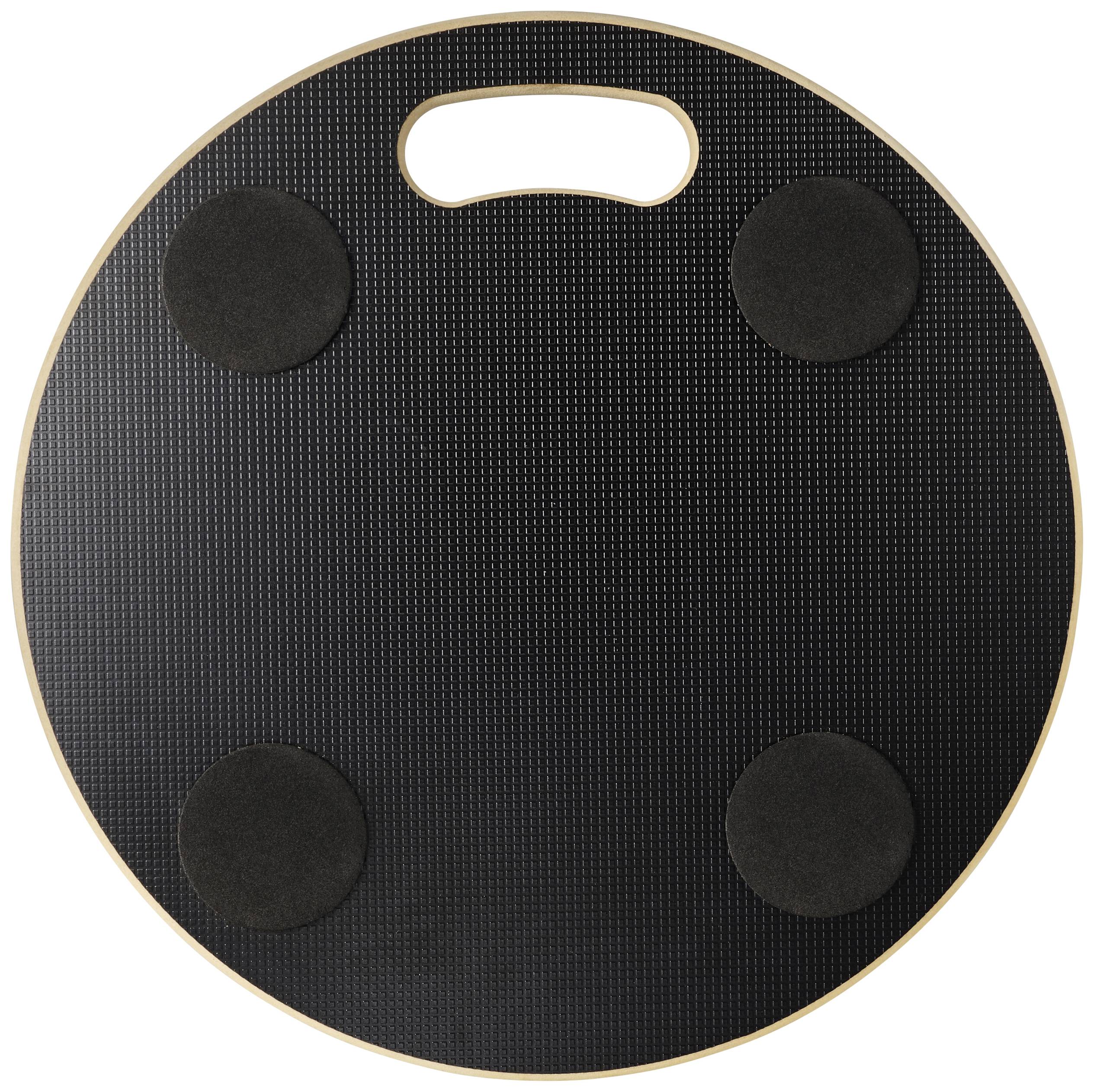 Ein runder, schwarzer Balance-Board mit vier rutschfesten Pads und einem Griff, der zur Gleichgewichtsübung verwendet wird.