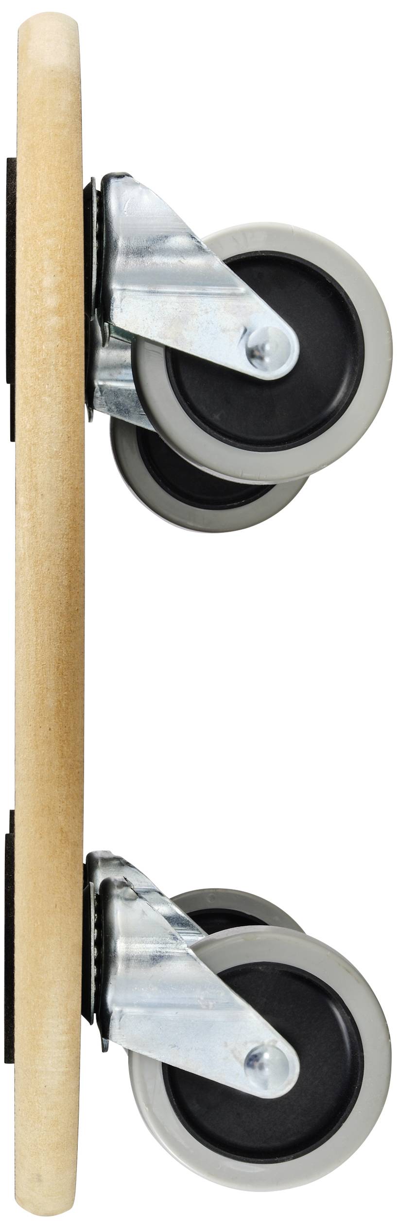 Zwei drehbare Rollen sind an einem Holzbrett befestigt, eine oben, eine unten. Sie sind aus Metall und Gummi gefertigt.