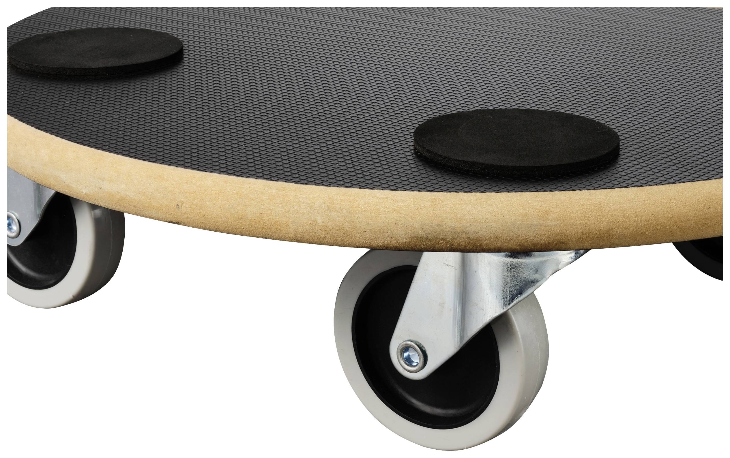 Schwarzes Rollbrett mit vier Rollen, runder Holzrahmen und rutschfester Oberfläche. Ideal für den Transport von Gegenständen.