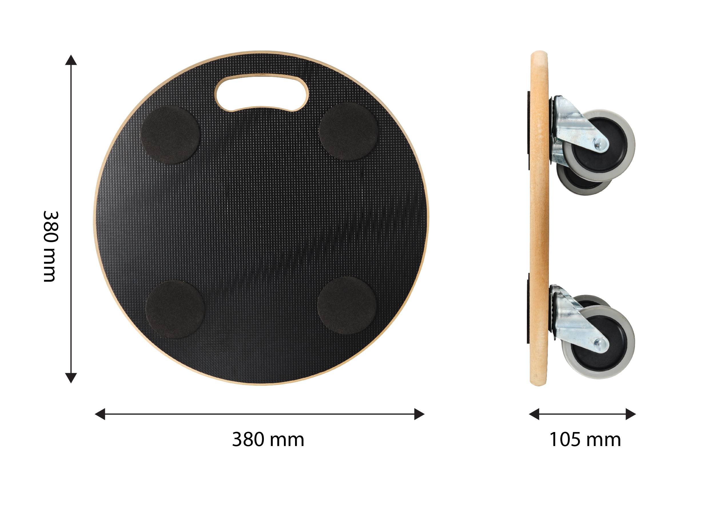 Holz-Trolley mit 380 mm Durchmesser, 105 mm Höhe. Enthält Griff und vier runde, schwarze Antirutschflächen, zwei Rollen auf der Rückseite.
