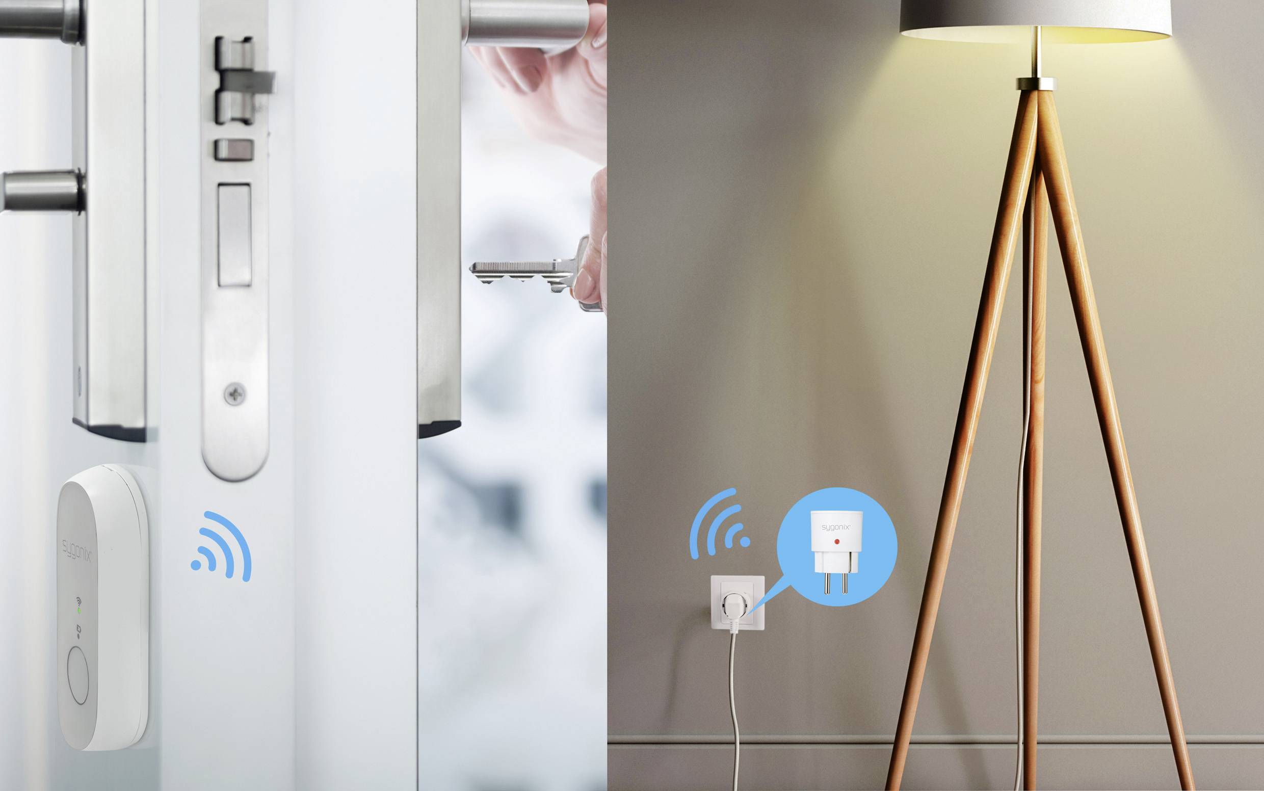 Smart-Türschloss wird mit einem Smartphone entriegelt; daneben Symbol für drahtlose Verbindung. Rechts lampe.