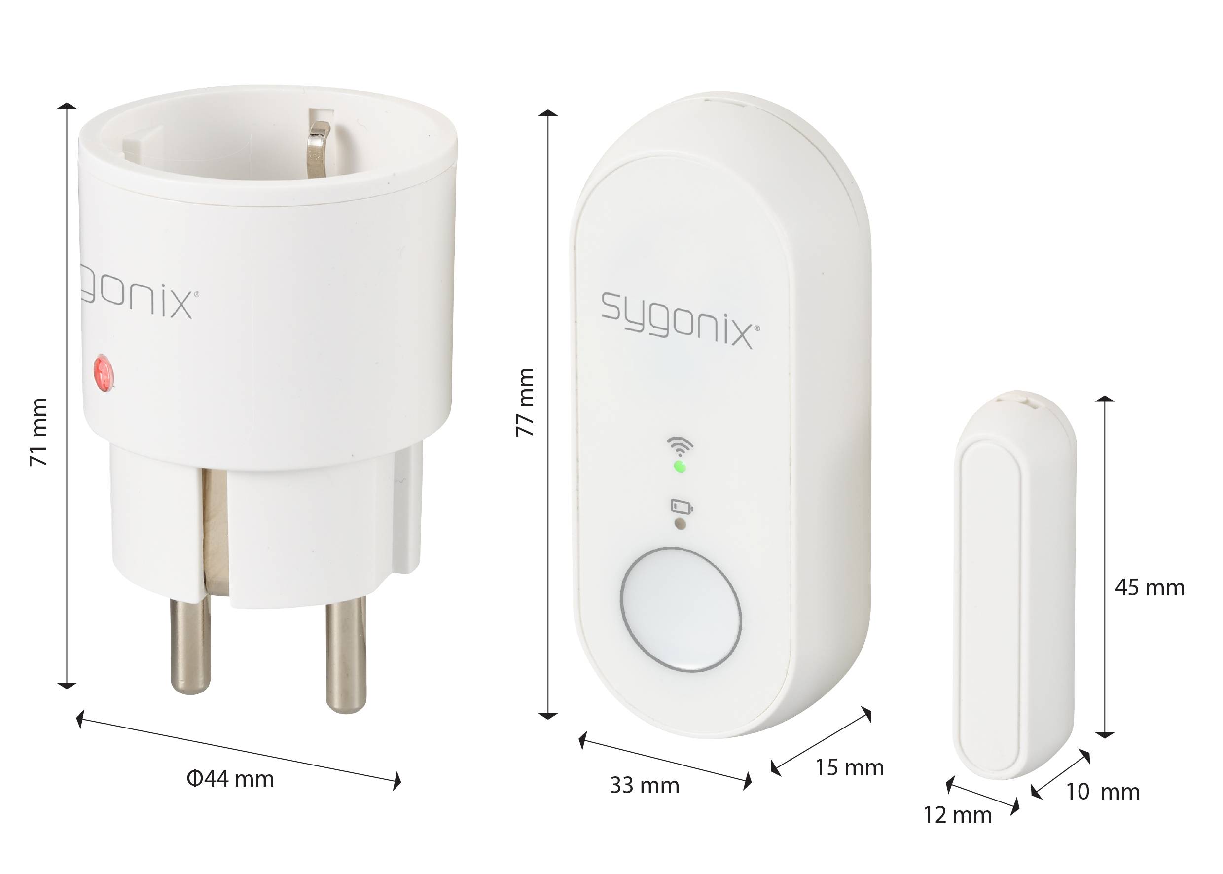 Smart Home Set von Sygonix mit Steckdose, Empfänger und Sensor. Maße: Steckdose 71 mm hoch, Empfänger 77 mm, Sensor 45 mm.