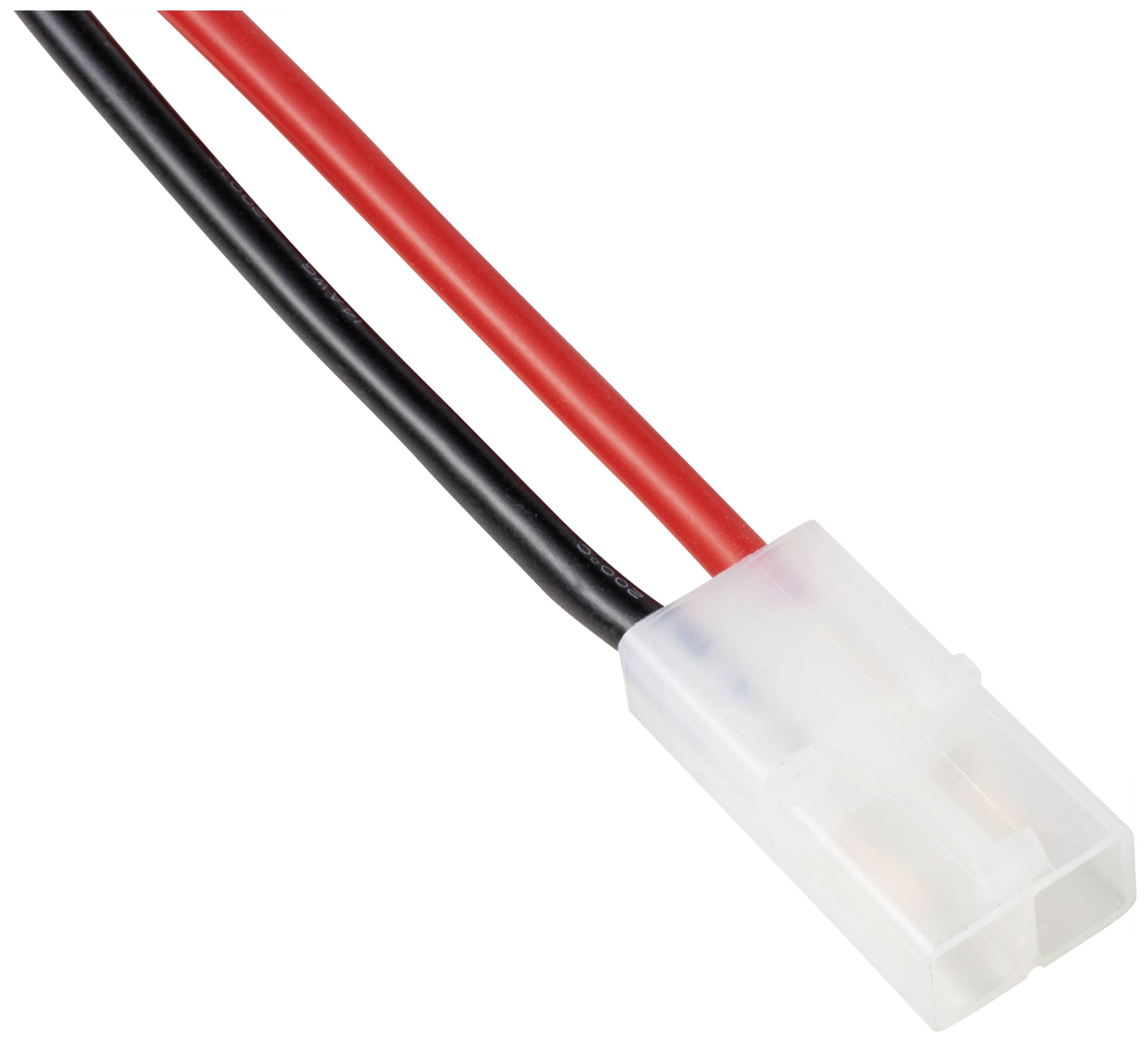 Ein weißer zweipoliger Kunststoff-Stecker mit einem roten und einem schwarzen Kabel, die verdeckt von der linken Seite aus verlaufen.