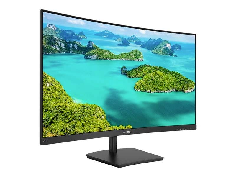 Ein gebogener Computermonitor zeigt eine tropische Inselgruppe mit türkisfarbenem Wasser und grünen Inseln unter einem blauen Himmel.