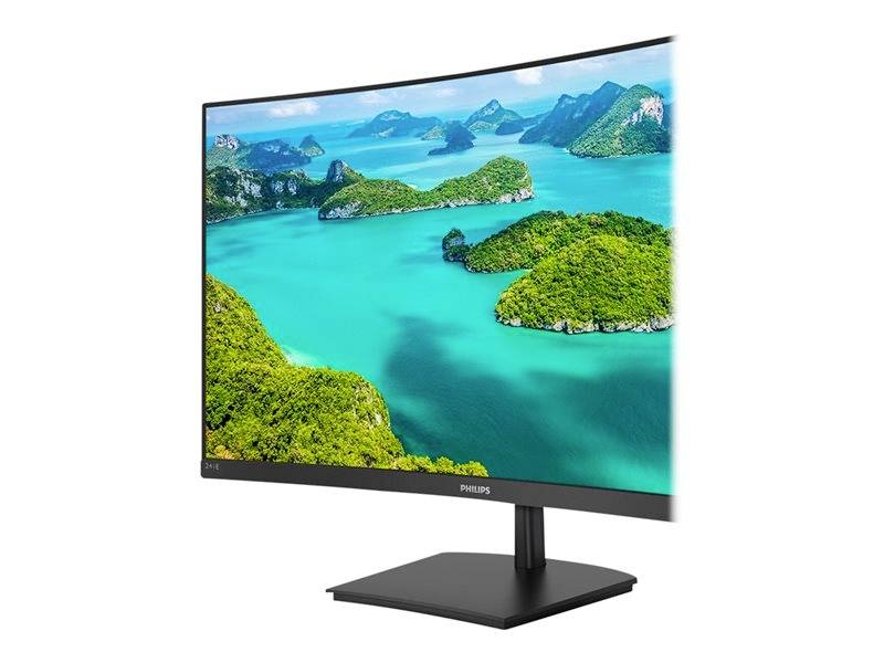 Gebogener Monitor zeigt ein Bild von türkisfarbenem Wasser und grünen Inseln. Ideal für immersive Ansichten und Produktivität.