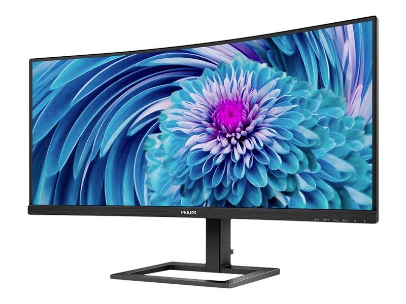 Ein gewölbter ultrabreiter Monitor mit Standfuß, zeigt ein lebendiges Design aus blauen und violetten Blütenblättern.