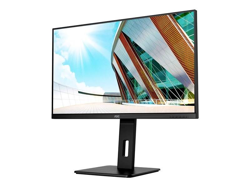 Ein moderner Computerbildschirm mit einem Bild eines futuristischen Gebäudes und blauem Himmel auf dem Display, seitlich betrachtet.