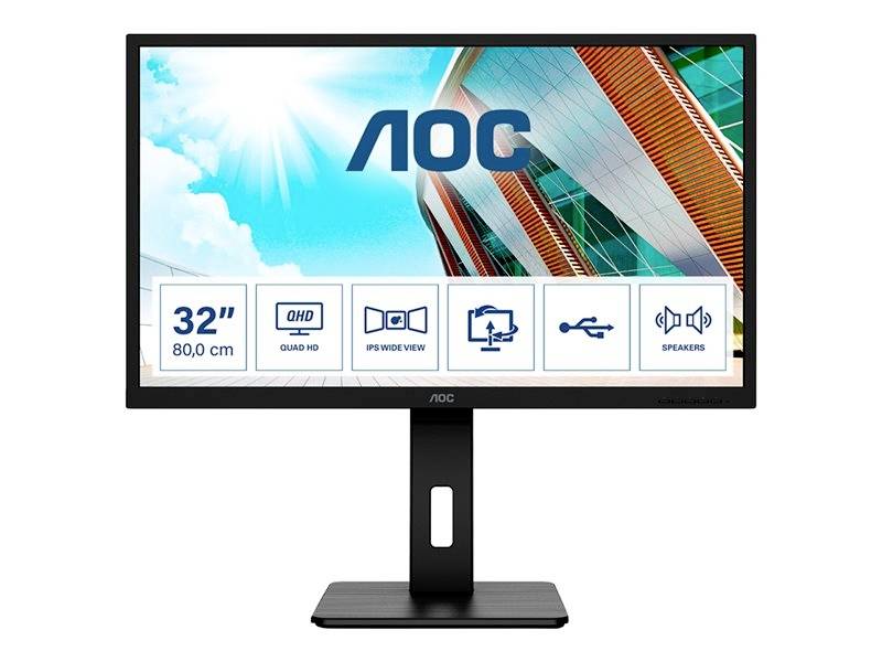 AOC-Monitor mit 32 Zoll Bildschirm, auf dem diverse technische Symbole für QHD, IPS Wide View, Höhenverstellbarkeit, HDMI und Lautsprecher angezeigt werden.