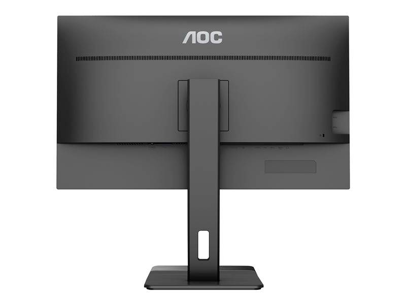Rückseite eines schwarzen Computerbildschirms mit AOC-Logo, an einem rechteckigen Standfuß befestigt.