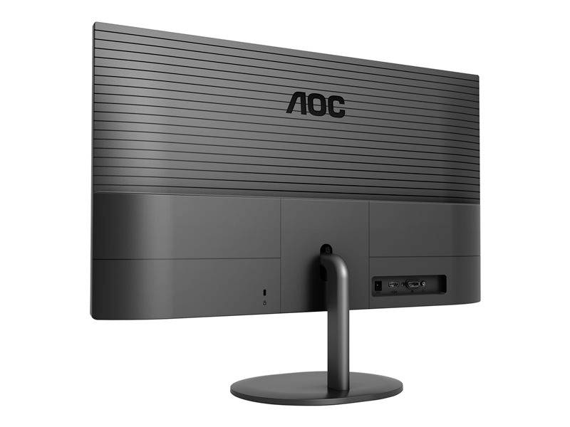 Rückansicht eines schwarzen AOC-Monitors mit mehreren Anschlussmöglichkeiten, darunter HDMI und VGA. Monitor steht auf einem runden Standfuß.