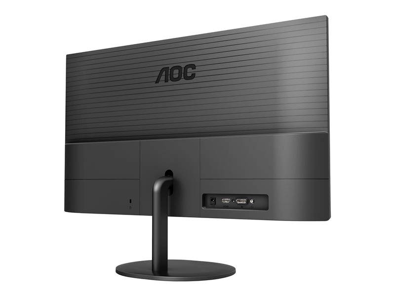 Der Monitor zeigt die Rückseite eines schwarzen AOC-Bildschirms mit Markenlogo und Anschlüssen für Strom, HDMI und VGA.