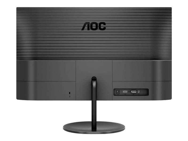 Ein schwarzer Computermonitor der Marke AOC, Rückansicht, zeigt Anschlüsse für HDMI und VGA auf der rechten Seite.