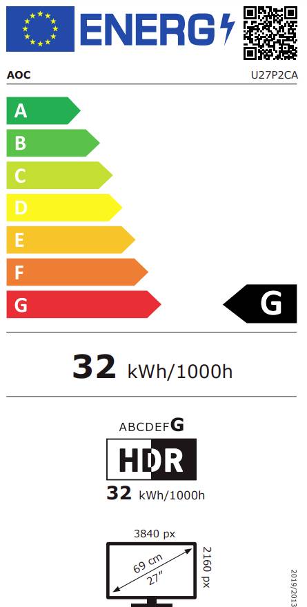 Energieeffizienzlabel für einen Monitor: Klasse G, 32 kWh/1000 Stunden, Bildschirmgröße 27 Zoll, Auflösung 3840 x 2160 Pixel.