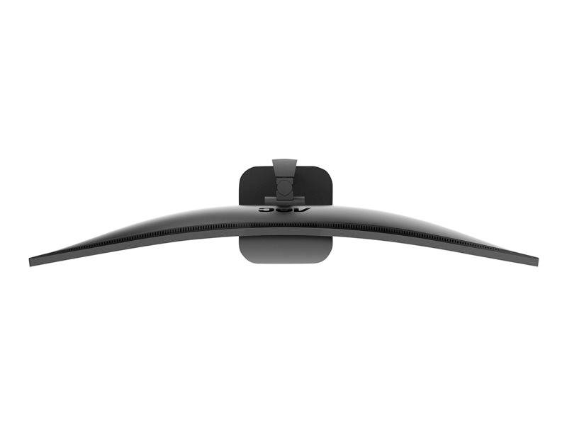 Ein geschwungener Computermonitor von oben, mit schwarzem Rahmen und gebogener Bildschirmform, Standfuß in der Mitte sichtbar.