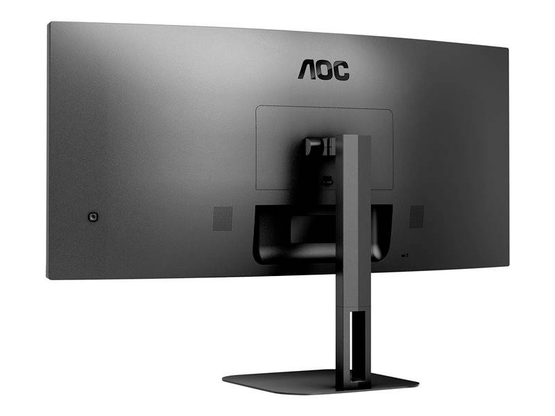 Rückansicht eines schwarzen AOC-Monitors mit breitem Bildschirm und schlankem Standfuß.