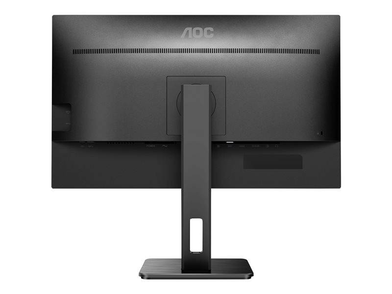 Ein schwarzer Computermonitor, von hinten gesehen, mit dem Logo 'AOC' oben. Der Standfuß ist mittig an der Rückseite befestigt.