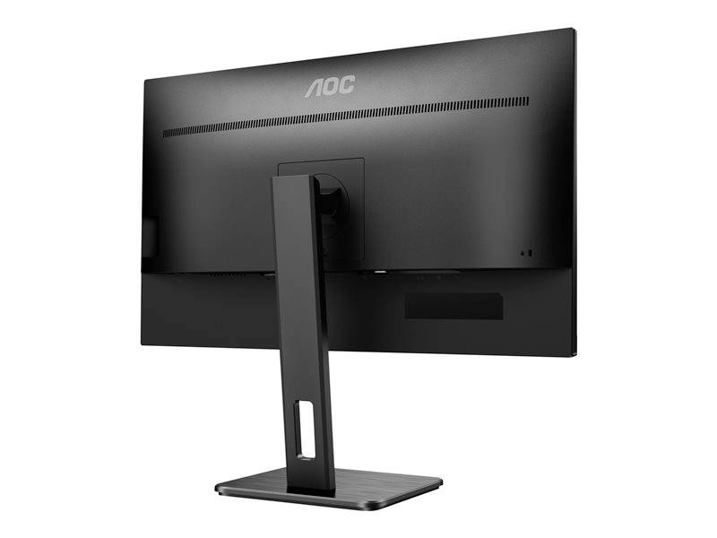 Rückansicht eines schwarzen Computermonitors mit schmalem Ständer und rechteckiger Basis. Marke AOC oben auf dem Monitor.