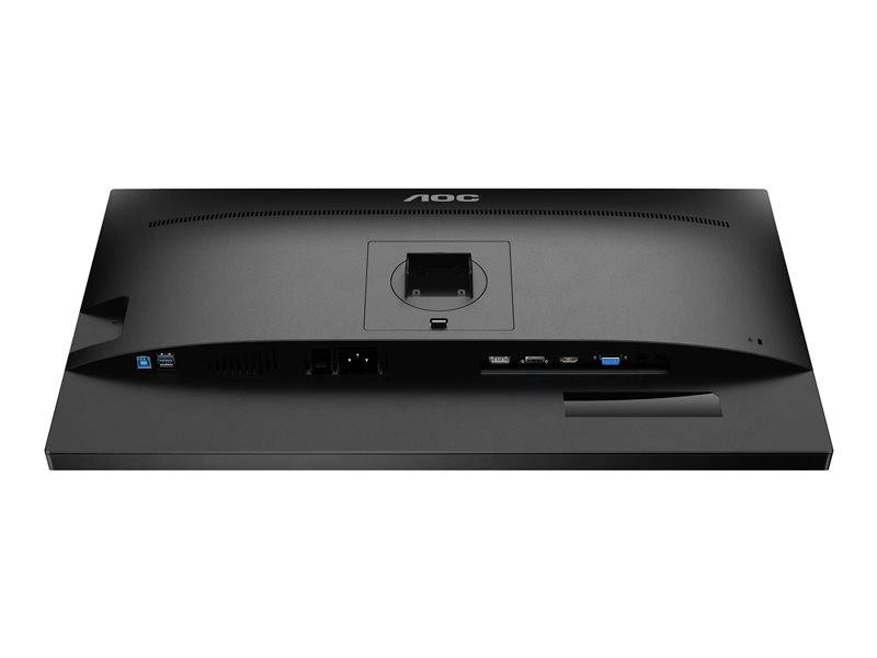 Rückseite eines schwarzen Monitors mit mehreren Anschlüssen, einschließlich HDMI-, DisplayPort- und USB-Ports, sowie einem Netzkabelanschluss.