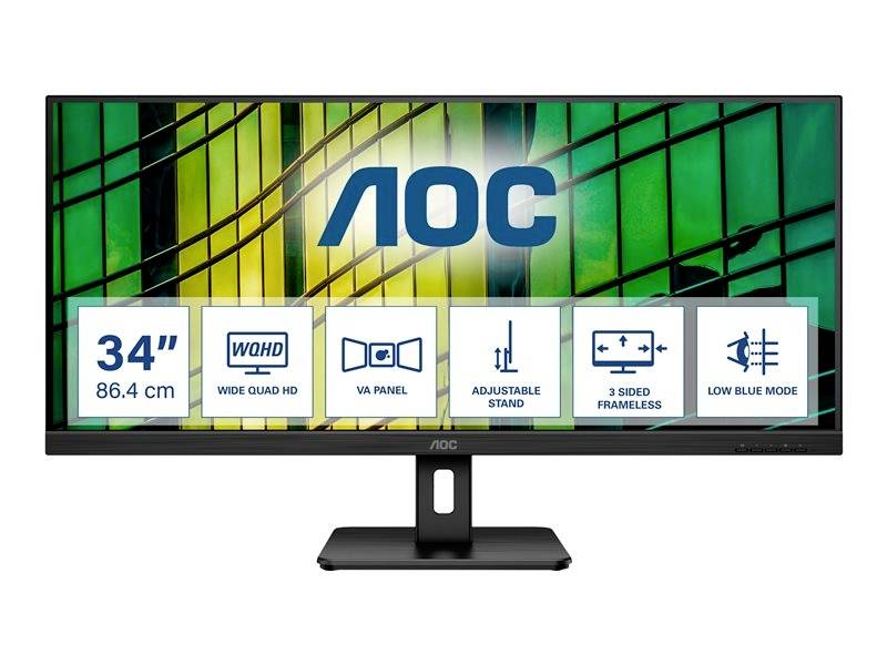 Ein 34 Zoll (86,4 cm) AOC-Monitor mit WQHD-Auflösung, VA-Panel, verstellbarem Standfuß, 3-seitigem rahmenlosem Design, Low-Blue-Mode.