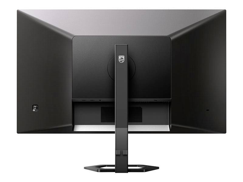 Rückansicht eines schwarzen Computerbildschirms mit rechteckigem Standfuß und schmalem Rahmen.