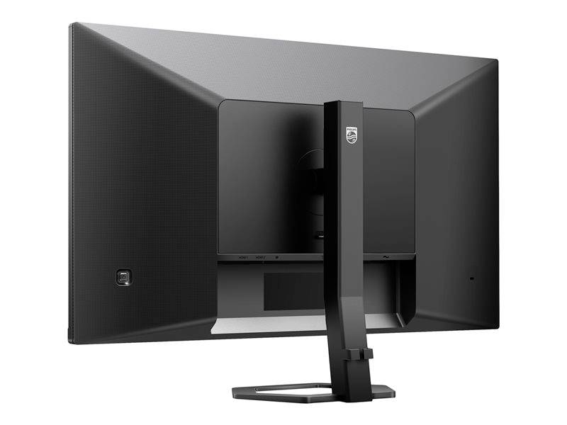 Ein schwarzer Computerbildschirm von hinten, auf einem stabilen Standfuß montiert. Der Monitor hat ein schlankes, modernes Design.