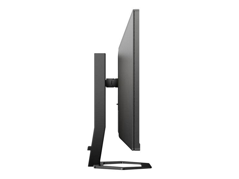 Seitenansicht eines schlanken, modernen Computerbildschirms mit rechteckigem Standfuß. Der Monitor zeigt kein Bild.