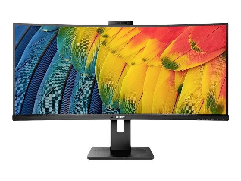 Ein gebogener Computer-Monitor zeigt ein buntes Bild mit blauen und gelben Papageienfedern; marke 'Philips'.