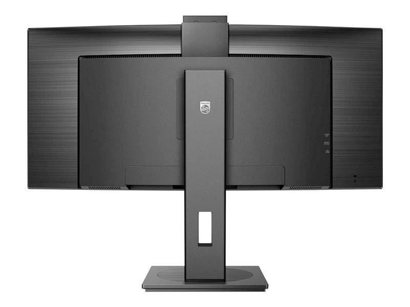 Ein schwarzer, breiter Computermonitor von hinten, auf einem rechteckigen Standfuß montiert, mit einem zentralen Scharnier für Höhenverstellung.