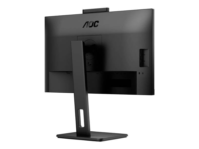 Schwarzer Computermonitor von AOC, Rückansicht, mit stabilem Standfuß und integrierter Webcam oben.