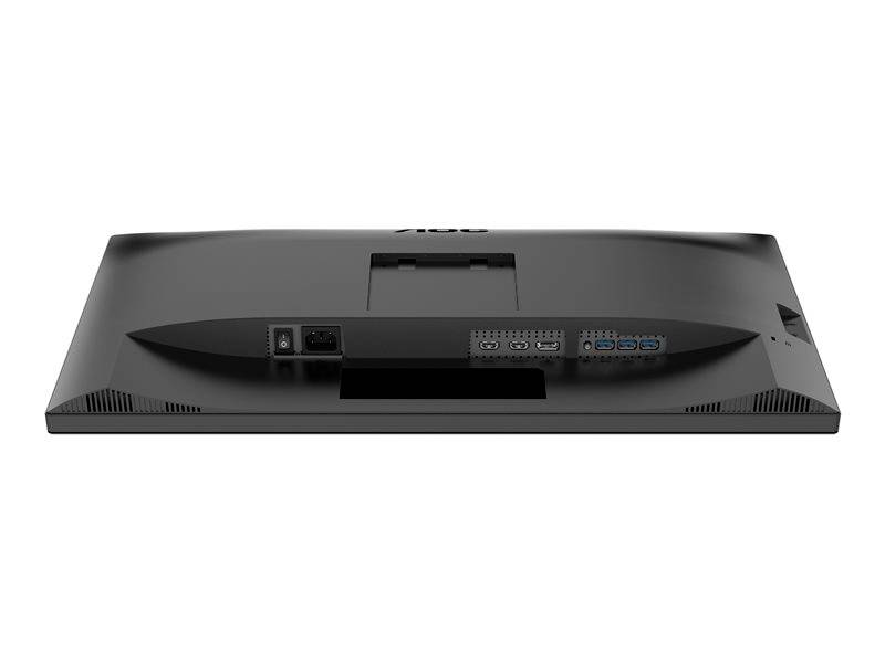 Ein schwarzer Computermonitor von hinten, zeigt Anschlüsse für Strom, HDMI und DisplayPort.