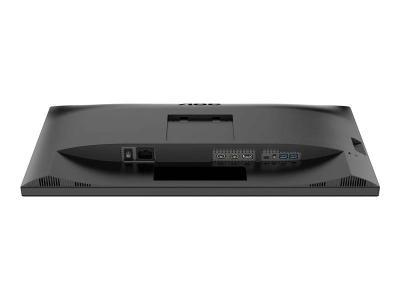 Rückseite eines Computermonitors mit sichtbaren Anschlüssen: HDMI, DisplayPort, USB und Netzanschluss, auf weißem Hintergrund.