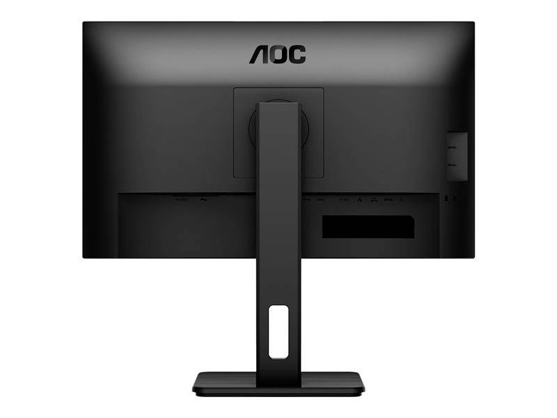 Rückseite eines schwarzen Computerbildschirms auf einem Standfuß, mit einem sichtbaren 'AOC' Logo oben.