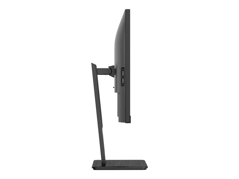 Seitenansicht eines Computerbildschirms auf einem schmalen Standfuß. Der Monitor verfügt über mehrere Anschlüsse an der Seite.