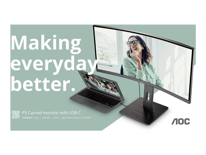 Ein gebogener Monitor zeigt eine lachende Frau. Daneben ein Laptop, beide mit der Aufschrift 'Making everyday better.' und AOC-Logo.