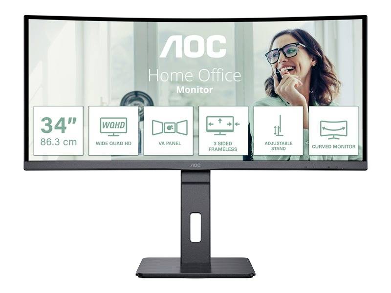 Breiter Computerbildschirm mit Spezifikationen: 34 Zoll, WQHD, VA-Panel, dreiseitig rahmenlos, verstellbarer Standfuß, gebogen.