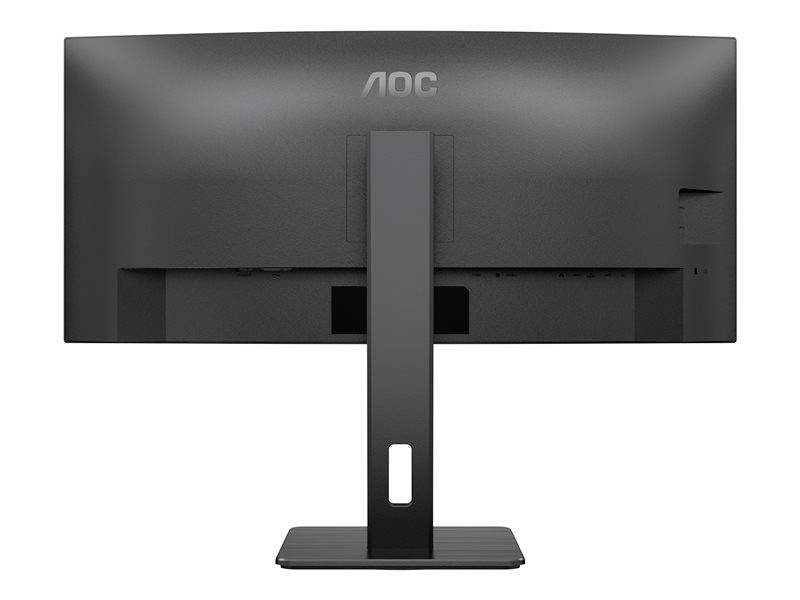 Ein schwarzer AOC Monitor von hinten gezeigt. Der Standfuß ist mittig montiert.