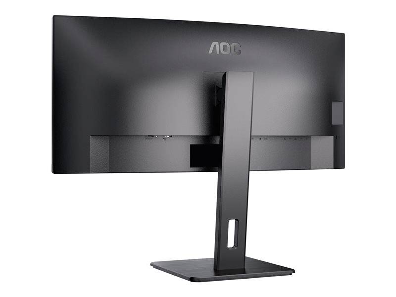 Ein schwarzer AOC-Bildschirm von hinten, auf einem rechteckigen Standfuß montiert. Keine sichtbaren Displays.
