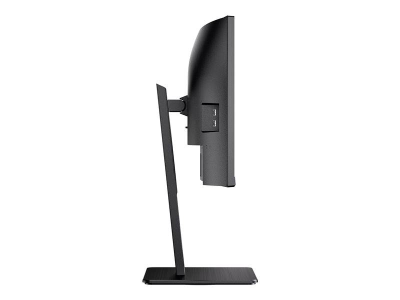 Seitliche Ansicht eines schlanken Computerbildschirms mit zwei USB-Anschlüssen auf der Rückseite. Der Bildschirm ist auf einem schmalen Standfuß montiert.