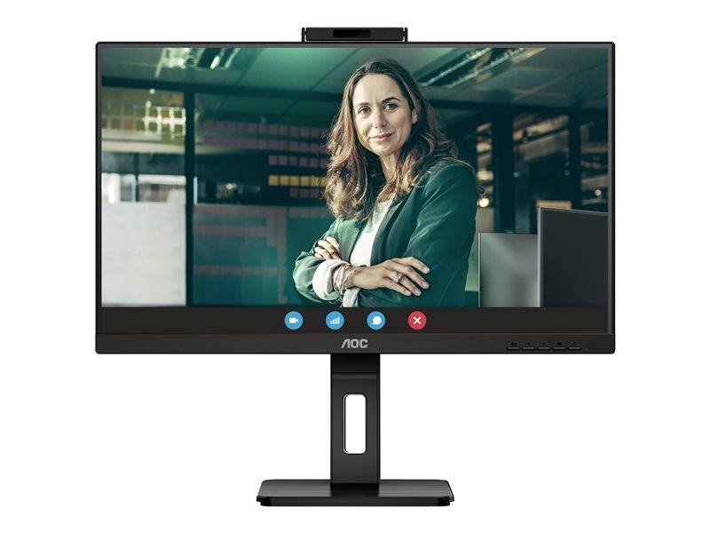 Frau auf einem Monitor in einem virtuellen Meeting. Sie lächelt und trägt einen grünen Blazer. Icons für Mikrofon und Kamera sichtbar.