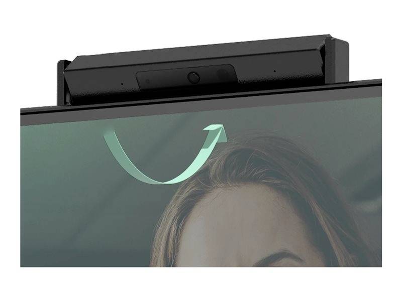 Eine schwarze Webcam ist oben auf einem Bildschirm montiert. Ein Pfeil zeigt eine drehbare Bewegung der Webcam an.