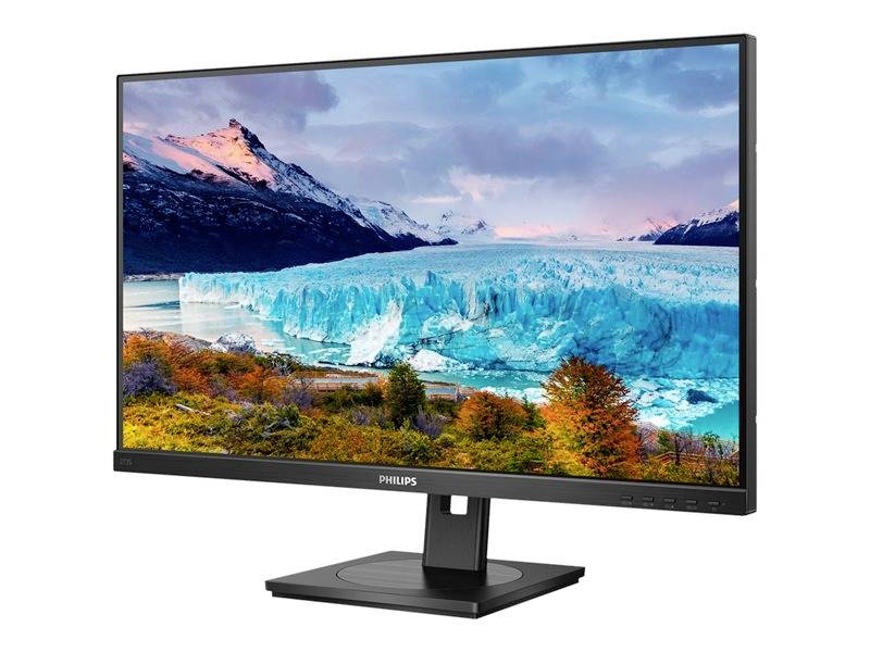 Ein Monitor zeigt eine Landschaft mit schneebedeckten Bergen, einem Gletschersee und Wald im Vordergrund. Das Display ist von Philips.