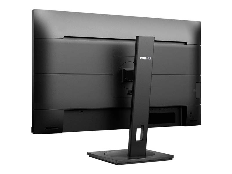 Schwarzer Computermonitor von hinten, Marke 'Philips', mit rechteckigem Standfuß und Kabelmanagement-Öffnung am Standfuß.
