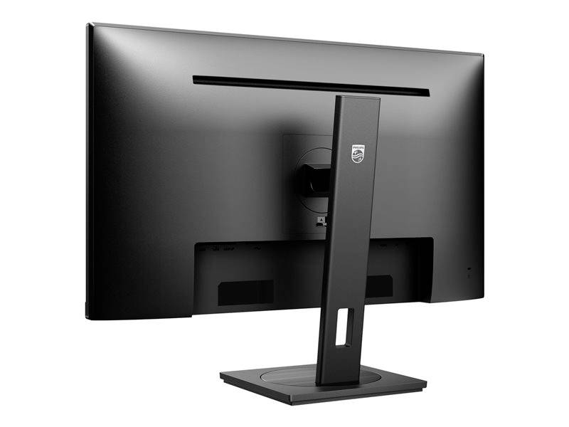 Ein schwarzer Computermonitor von hinten, mit einem zentralen Standfuß, der Stabilität bietet. Ideal für Büronutzung oder Heimanwendung.