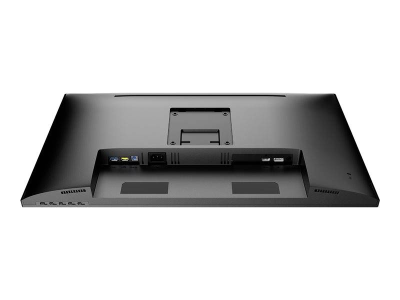 Rückansicht eines schwarzen Computermonitors mit mehreren Anschlussmöglichkeiten, einschließlich HDMI- und USB-Ports.