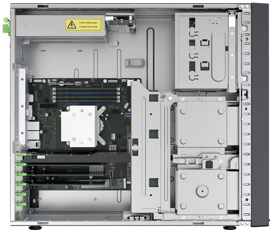 Ein geöffneter Computergehäuse zeigt das Innere eines PCs mit Motherboard, Grafikkartensteckplätzen, Festplatteneinschüben und Netzteil.