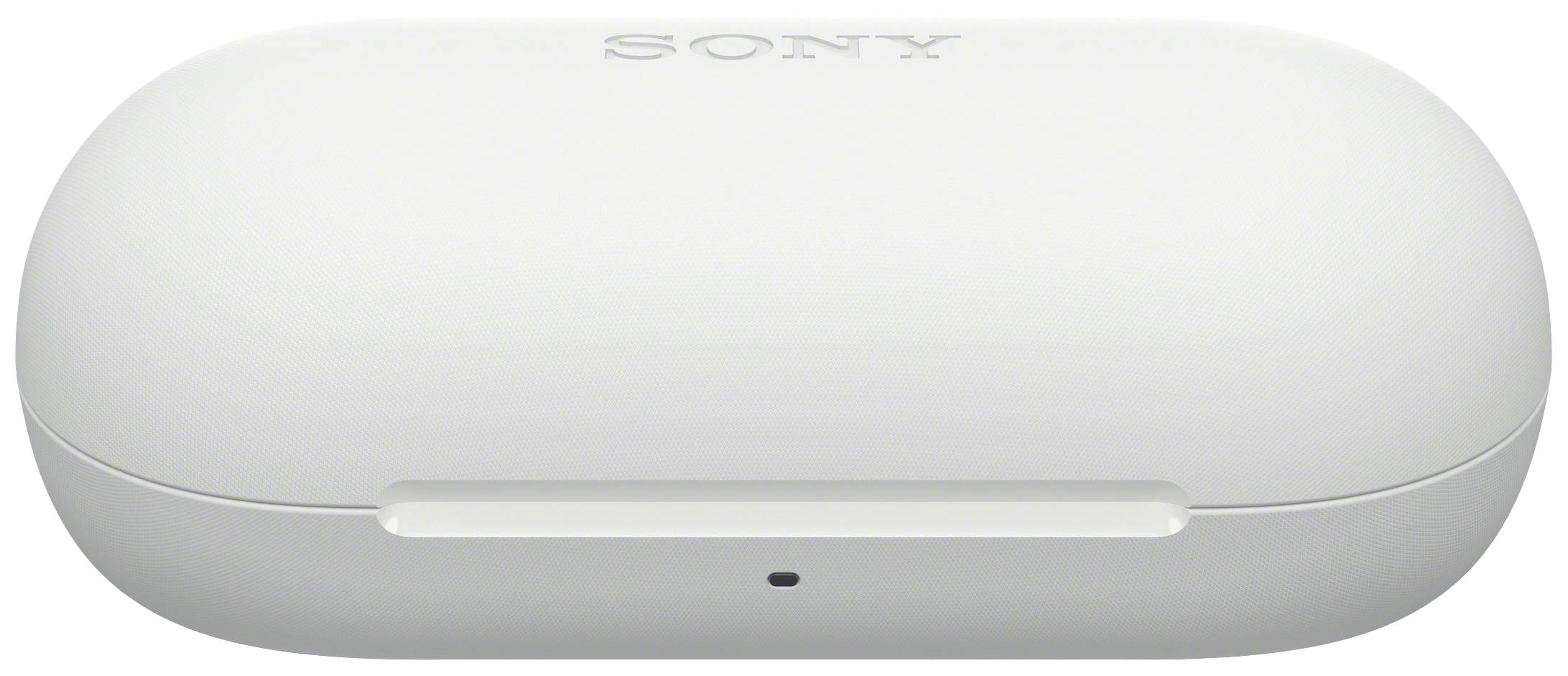 Ein weißes, ovales Ladeetui mit 'SONY'-Logo oben. Es dient zum Aufbewahren und Laden von kabellosen Ohrhörern.